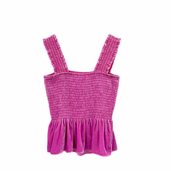 Anthropologie Bright Pink Velvet Peplum Smocked Ruffle Sleeve Tank Top Blouse - Picture 5 of 9